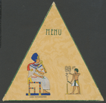 712282 Voorzijde van een driehoekige menukaart van een feestelijk diner in Egyptische sfeer, georganiseerd door de ...